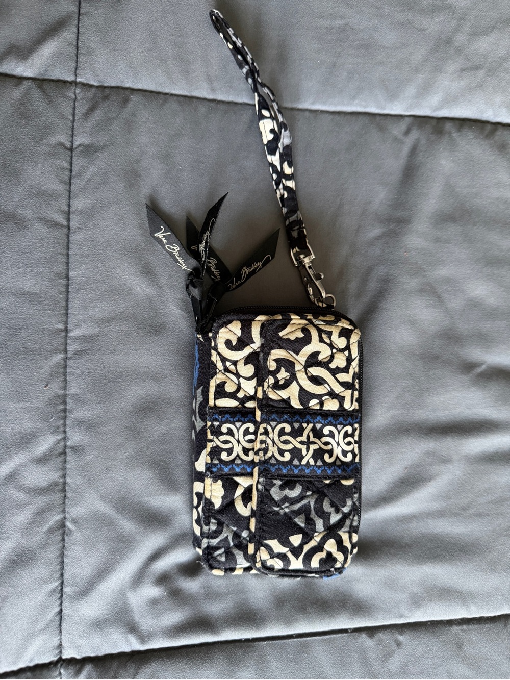 Vera Bradley Black and Cream Quilted Wristlet with Scroll Print